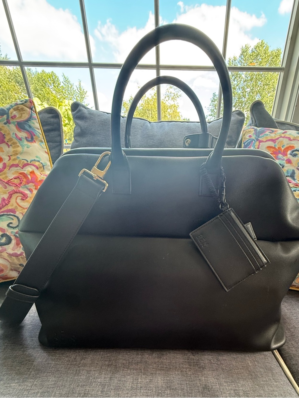 BEIS Black Leather Travel Duffel with Removable Strap